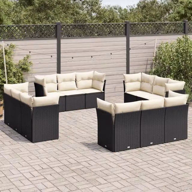 Set di Divani da Giardino VIDAXL a Forma di U in Polyrattan Nero con Cuscini, 12 Posti