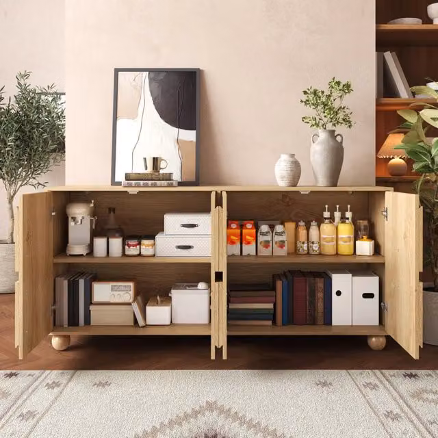 Credenza 4 Ante Mobile Soggiorno Effetto Legno con Ante in Rilievo， 160.0cm Naturale
