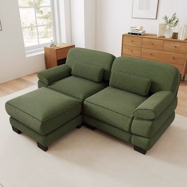 Divano modulare a L con pouf e cuscino lombare; 194 x 161 x 94 cm; verde