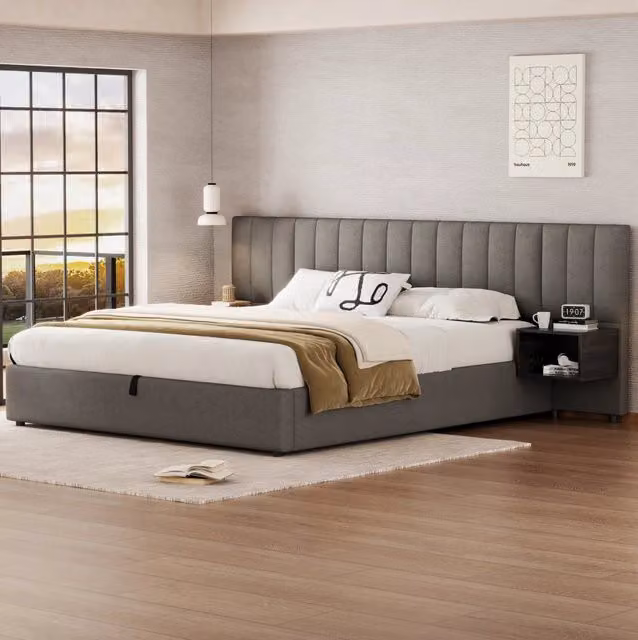 Letto contenitore matrimoniale 180x200 cm; sollevamento idraulico; lino grigio e nero (Senza materasso)