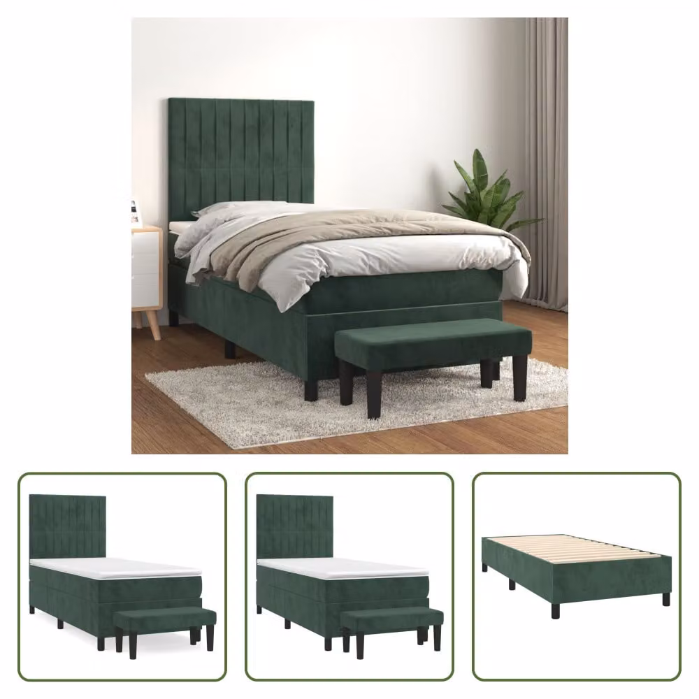 The Living Store Letto a molle con materasso verde scuro 90x200 cm in velluto
