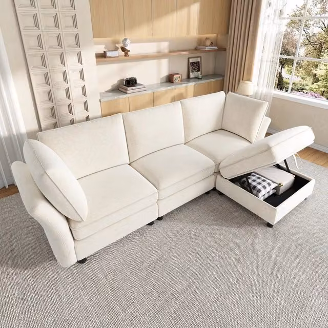 Divano 4 posti angolare con contenitore ¨C Minimal ¨C beige chenille imbottito braccioli poggiapiedi