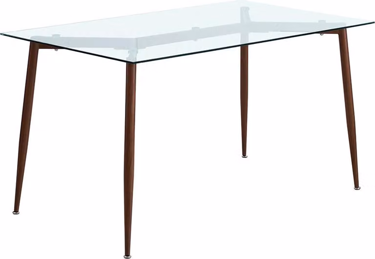 Tavolo rettangolare 140×80 cm con vetro di sicurezza trasparente e gambe in metallo effetto legno - design moderno, leggero ed elegante per cucina, sala da pranzo e soggiorno - PETER - legno scuro