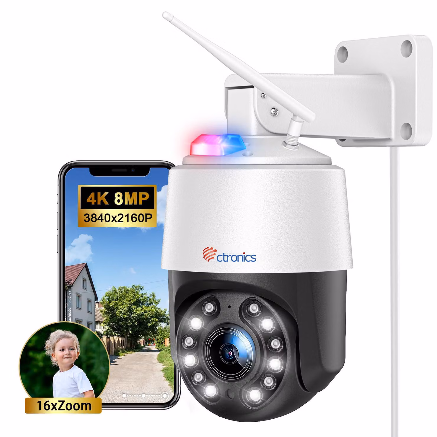 Telecamera di sicurezza Wi-Fi per esterni - 4K 8MP, zoom ottico 16x - Impermeabile - Slot per micro-SD - Ideale per la sicurezza esterna