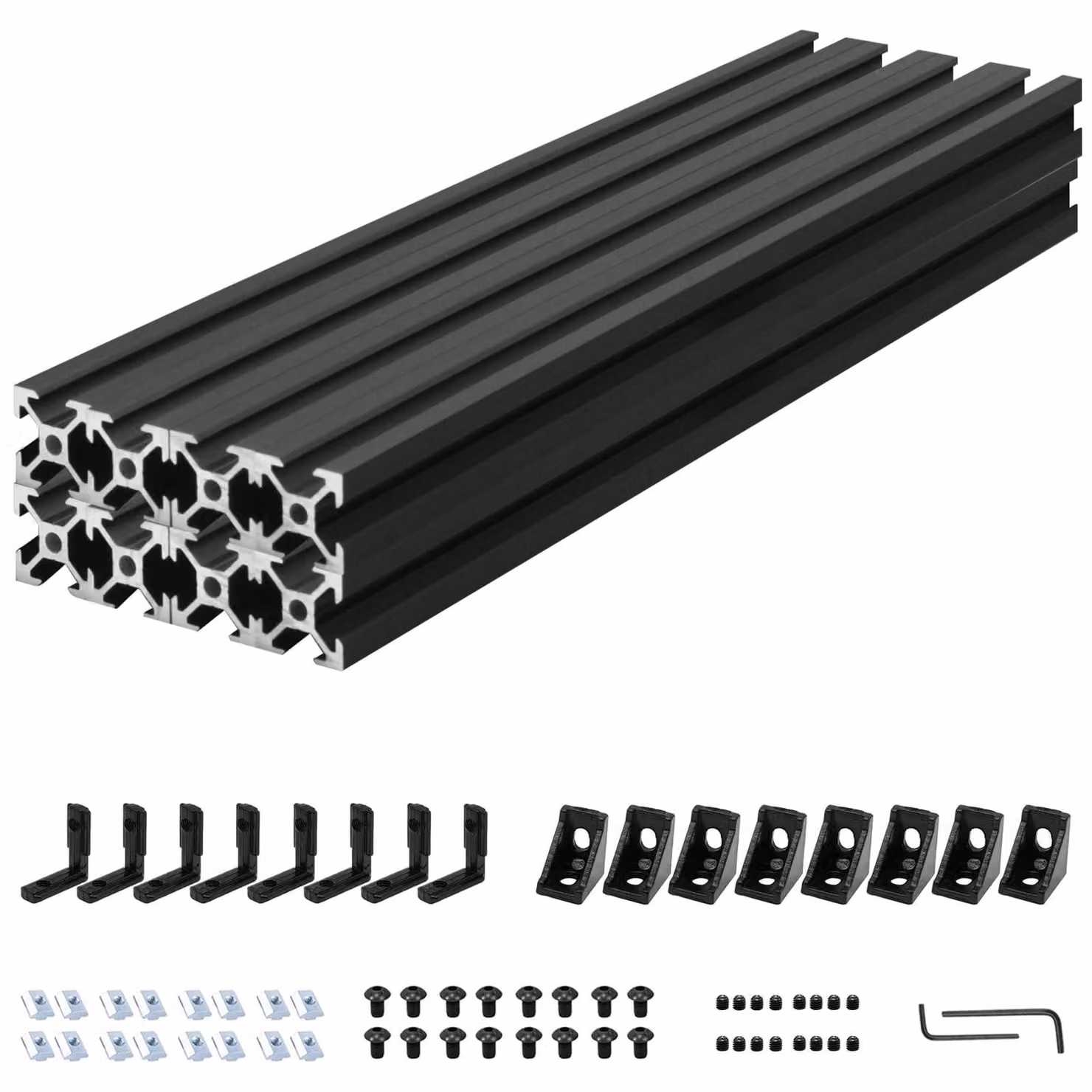 Kit di connettori in alluminio per profili, 8 pezzi - Tipo V - Nero, 200 mm - Profilo anodizzato - Per stampanti 3D/macchine CNC - Realizzato in lega di alluminio di alta qualità - Profili in alluminio