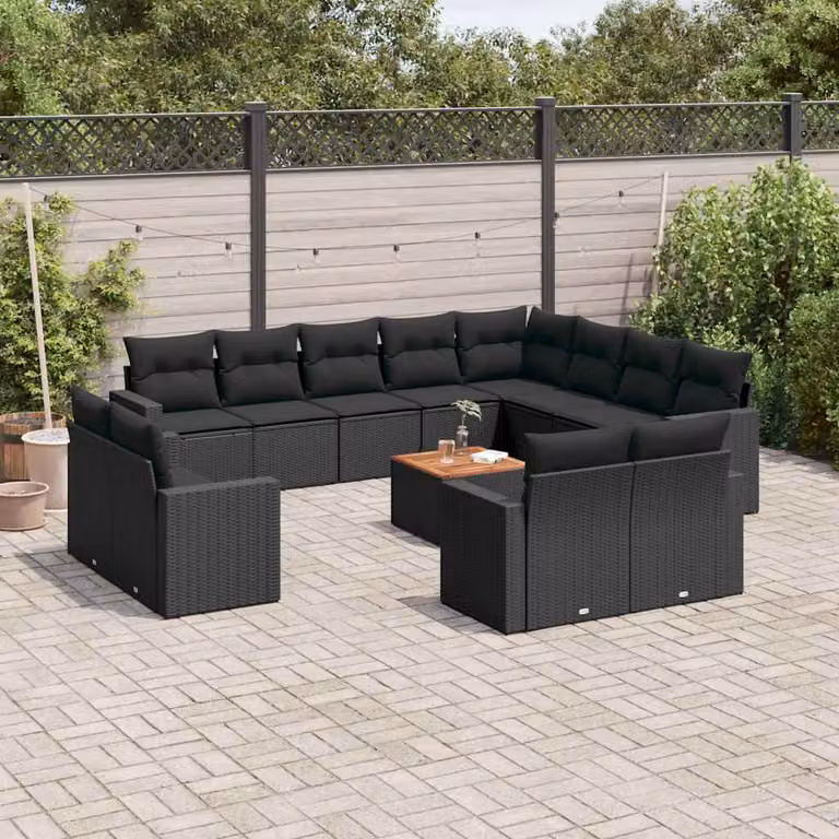 Set di Divani da Giardino a L vidaXL in Polyrattan e Legno di Acacia con Cuscini Neri e Tavolino da Esterno