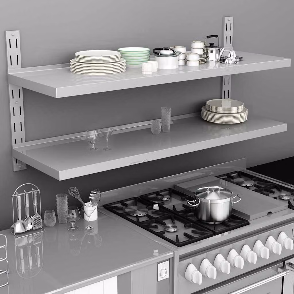 vidaXL Mensola a Sospensione a 2 Livelli in Acciaio Inox Grigio L: 150 cm, P: 30 cm, H: 20 cm – 1