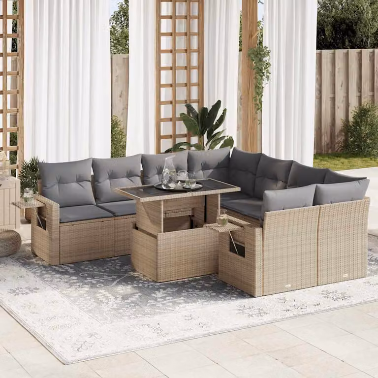 Set Divano da Giardino vidaXL 9 pz a forma a U con Cuscini Beige e Tavolino, Polyrattan e Struttura in Acciaio Verniciato a Polvere