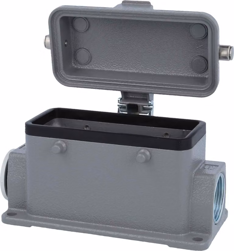 HARTING Han 16B Base bassa, 1xM25 uscita cavo laterale, per 2 staffe (nella parte superiore) con cappuccio protettivo in metallo -