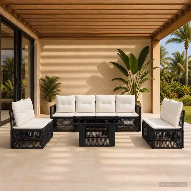 Set Divano da Giardino 9 pz Nero e Bianco Crema polyrattan 3437083