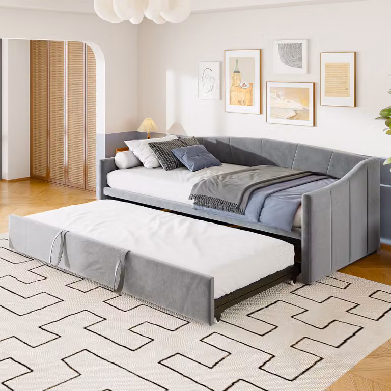 Fortuna Lai day bed 90x200cm/180x200cm letto estraibile, divano letto allungabile con rete a doghe e braccioli, letto imbottito in velluto letto per bambini divano letto, grigio