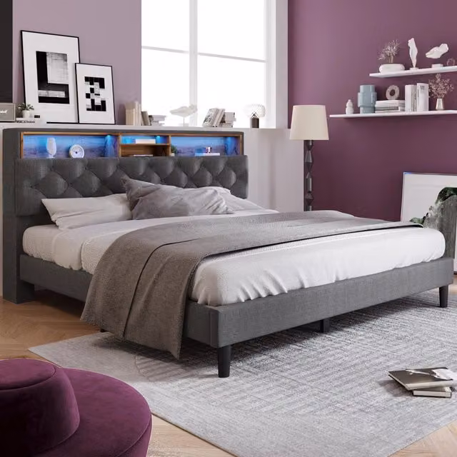 Letto Matrimoniale 140x200 Grigio con Testiera Contenitore; LED Multicolore e Rete a Doghe