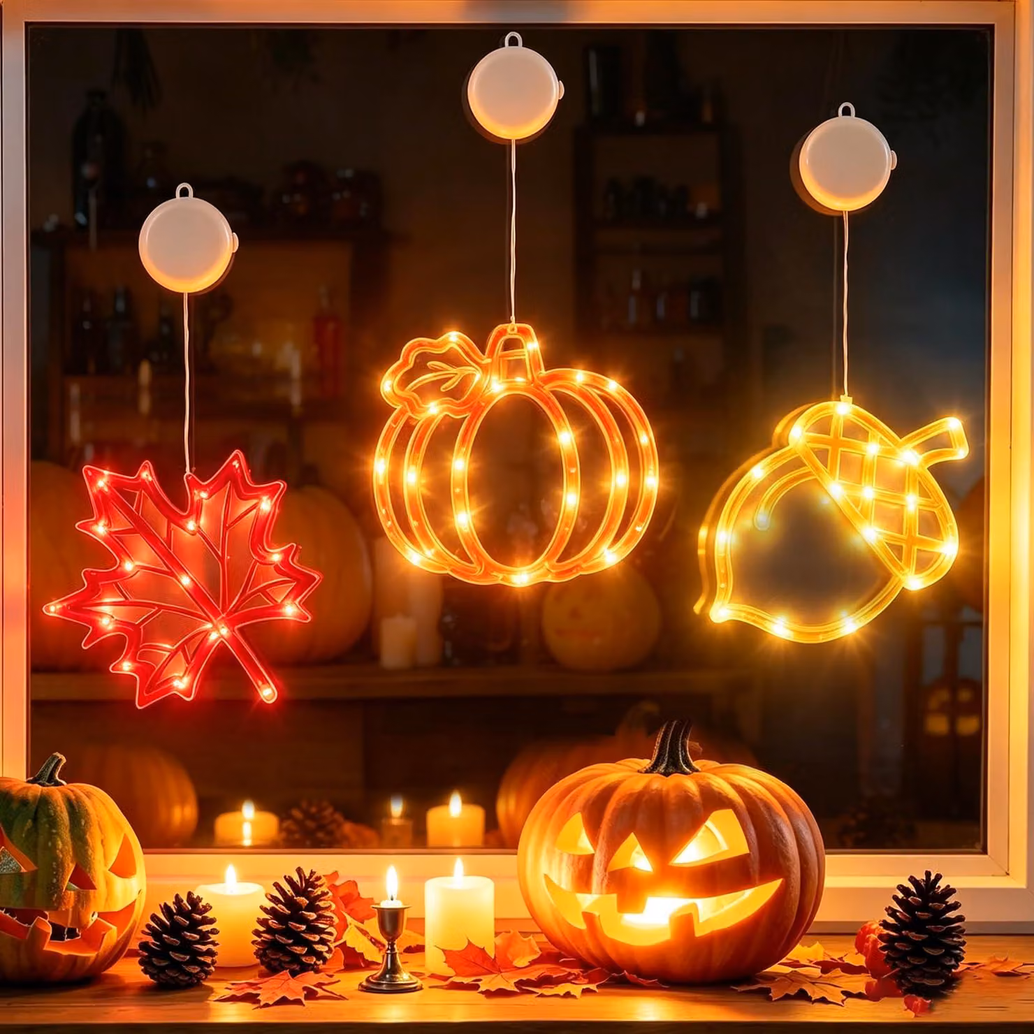 Set di 3 luci decorative per finestre a tema autunnale, con timer, a forma di zucca e con foglie d'acero