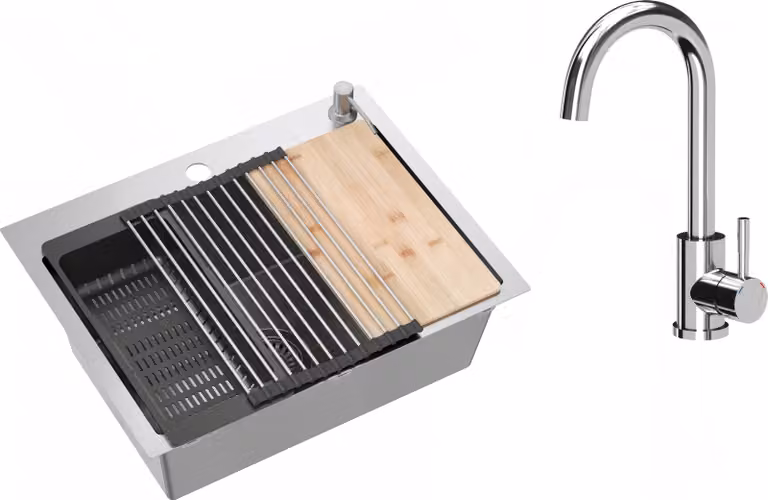 VBChome Lavello in acciaio inox con rubinetteria 58 x 45 cm Acciaio inox spazzolato Set di accessori Dispenser Tagliere Tappetino arrotolabile Scolapiatti pieghevole Sifone