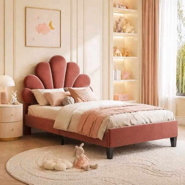 Letto singolo imbottito ULEVR 90x200 cm con testiera a fiore, rete a 12 doghe, velluto rosso fagiolo