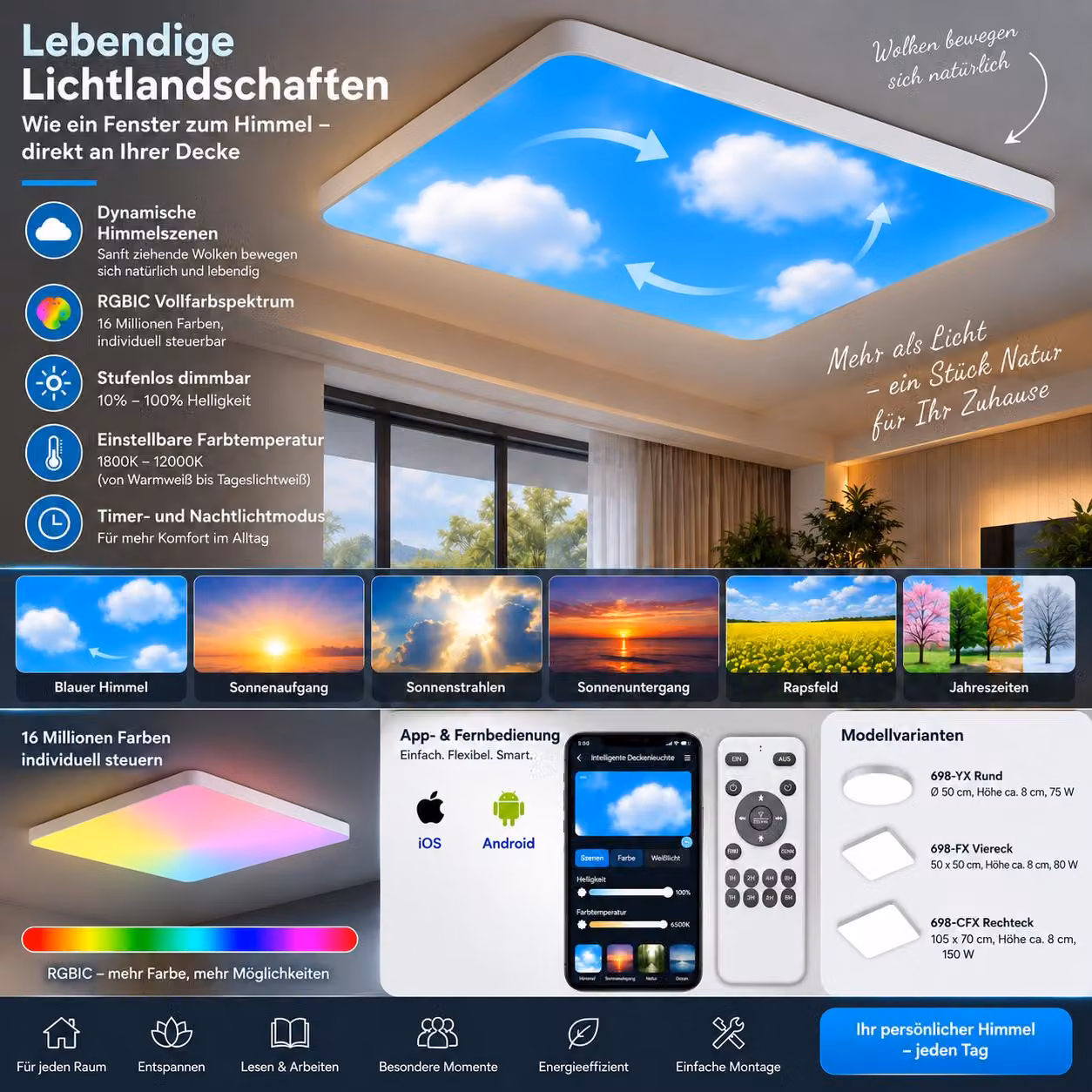 Plafoniera LED 698-CFX rettangolo 105x70 cm, 150 W RGBIC con APP e telecomando, cielo dinamico ed effetti di luce naturale timer dimmerabile 10-100%, 1800-12000K