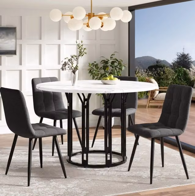 Tavolo da pranzo rotondo MODFU in MDF effetto marmo nero e bianco con base a colonna in metallo Diametro: 100 cm, Altezza: 74 cm