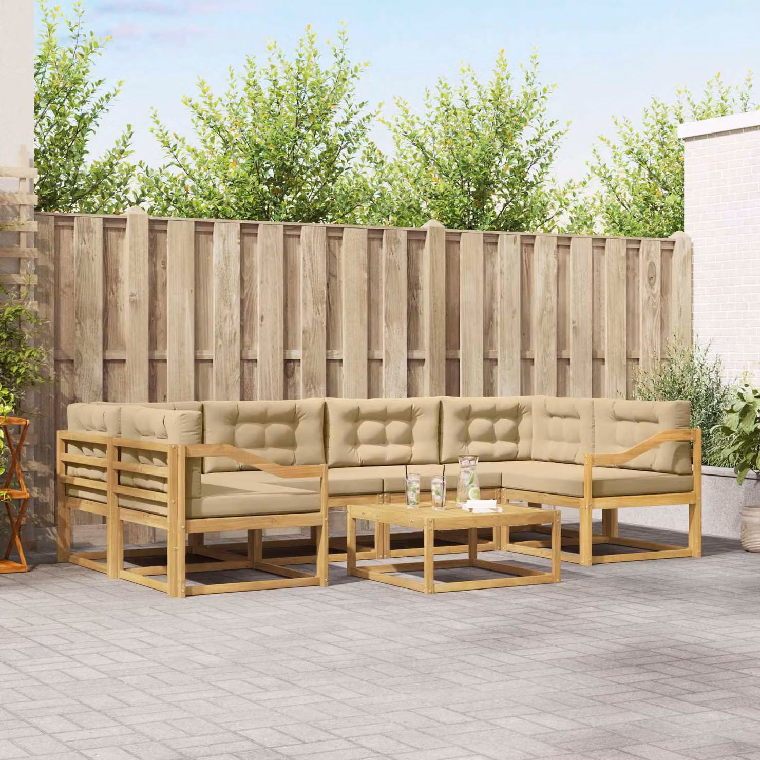 vidaXL Set di divani da esterno a L in legno di acacia con tavolo da caffè, Bianco e Beige