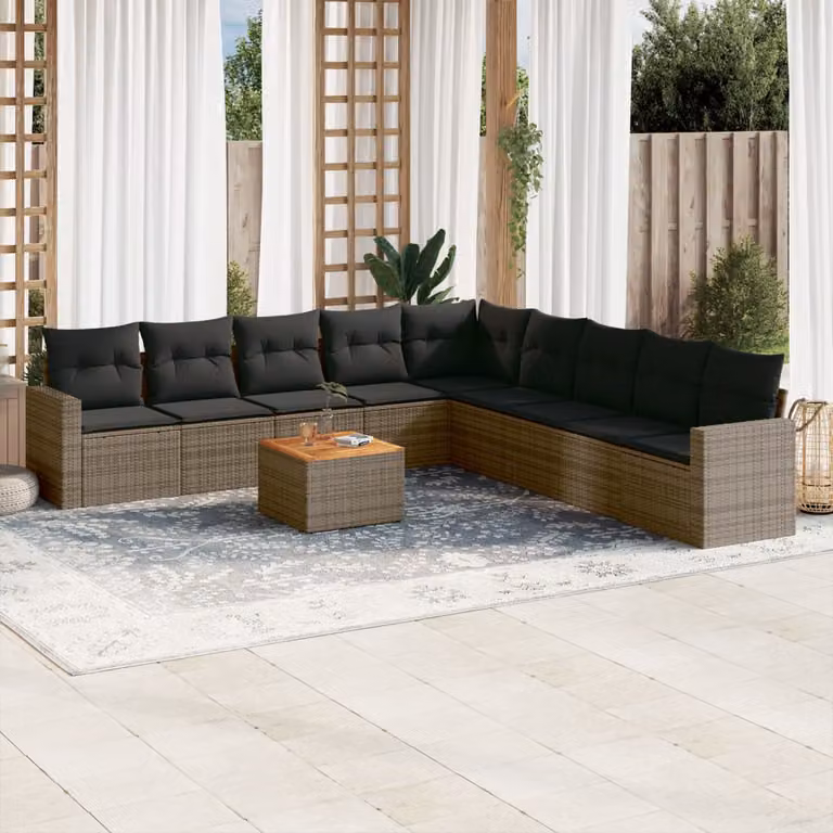 vidaXL Set Divano da Giardino 10 pz a Forma a L in Polyrattan Grigio con Cuscini e Tavolino