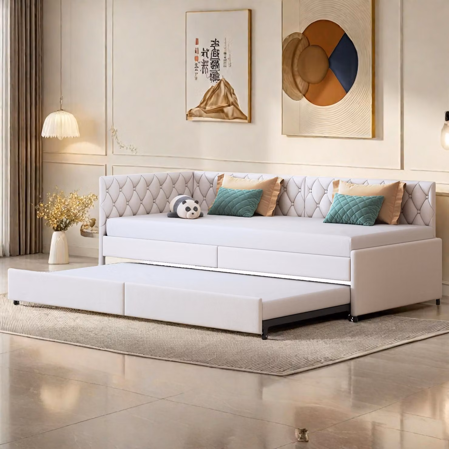 Fortuna Lai divano letto 90x200 cm, letto allungabile per ragazzi e letto imbottito, multifunzionale, a L, beige