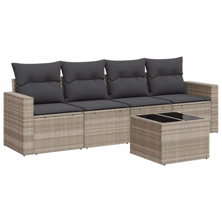 Set Divano da Giardino 5pz con Cuscini Grigio Chiaro Polyrattan