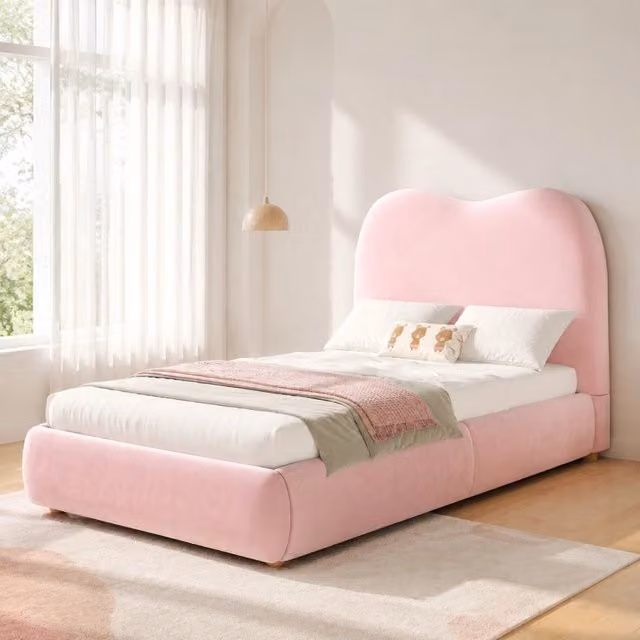 Letto imbottito con contenitore idraulico; rete a doghe; velluto rosa