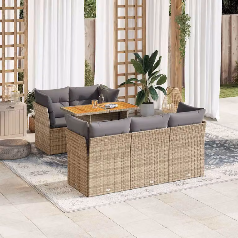 Set Divano da Giardino vidaXL 6 pz in Polyrattan con Cuscini Beige e Legno di Acacia Oliato
