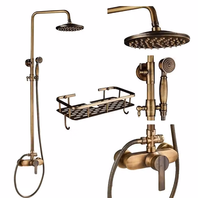 Set di rubinetteria per doccia, soffione a pioggia, doppia maniglia girevole, mensola D