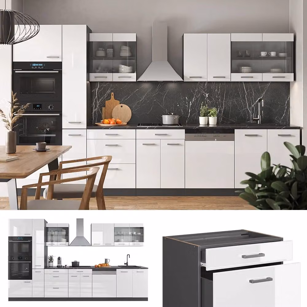 Cucina moderna Vicco R-Line Bianco lucido e Antracite con armadio alto, larghezza: 350 cm – 2