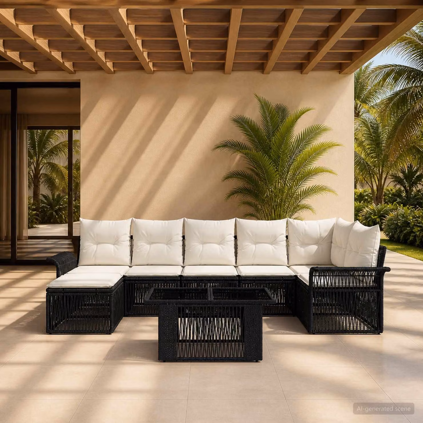 Set Divano da Giardino 8 Pezzi vidaXL Moderno a Forma di L in Polyrattan con Cuscini Nero e Bianco Crema