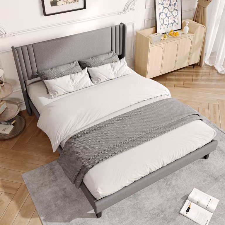UnboxG, letto imbottito in lino, grigio, 140x200 cm, con testiera sagomata, rete a doghe in legno, struttura robusta, silenzioso, con spazio contenitivo, facile da montare, senza materasso