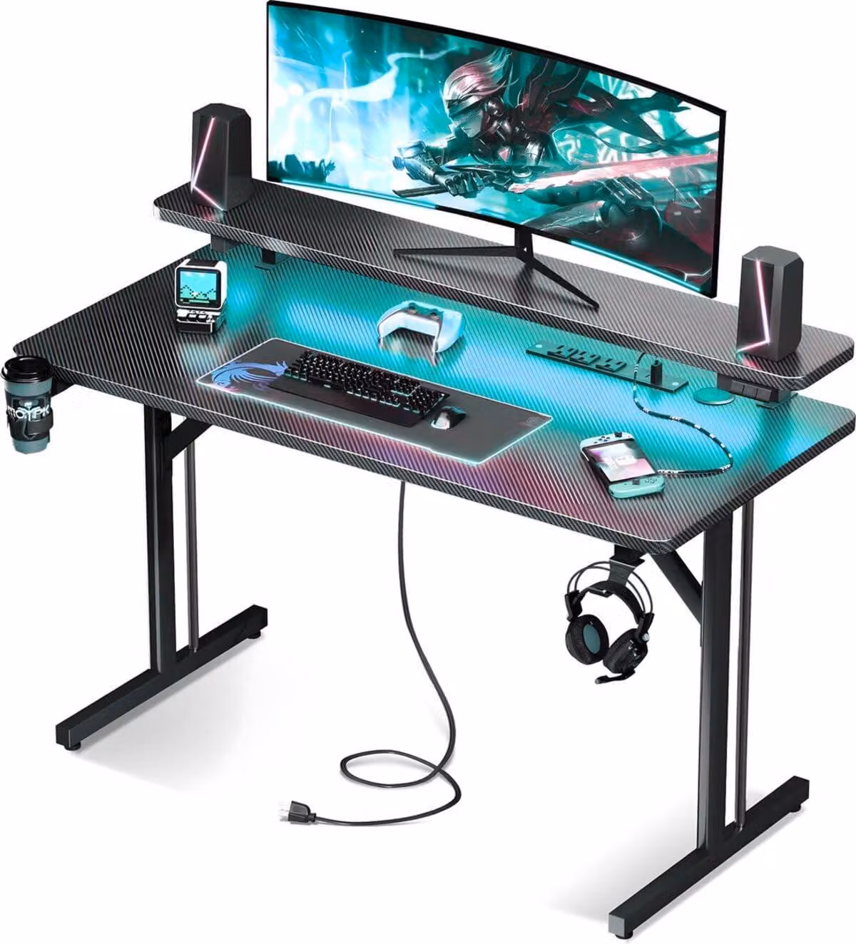 Scrivania da gioco, dimensioni 100x50x75 cm, colore nero carbonio, con illuminazione RGB a LED e porte USB