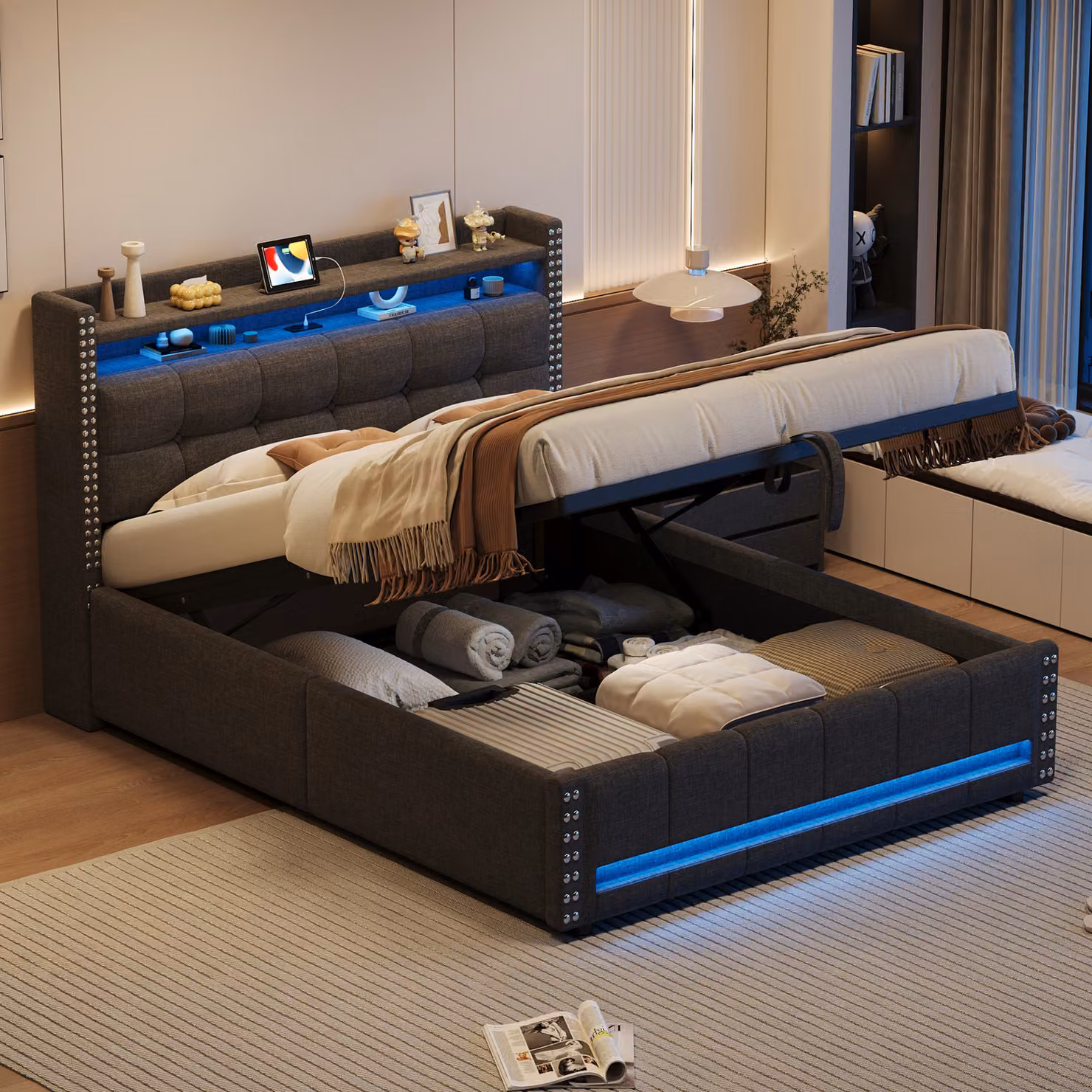 Letto imbottito Flieks 140x200cm con funzione di ricarica (USB e presa), letto a molle insacchettate con contenitore, letto per ragazzi letto matrimoniale con LED, biancheria, grigio