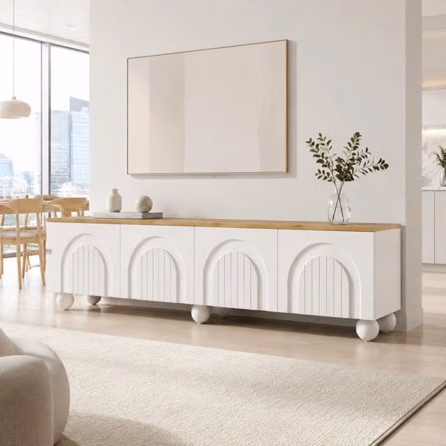Mobile TV Mivray moderno in MDF bianco ed effetto legno con 4 ante, 2 vani e 6 gambe metalliche a sfera, L: 180 cm, P: 40 cm, H: 45 cm