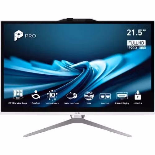 PC All-in-One MSI Pro AP222T 14M-623EU Bianco con Intel Pentium Gold G7400, Touch Screen 54,6 cm (21.5"), 8 GB DDR4, 128 GB SSD, Windows 11 Pro e Wi-Fi 5 – 2