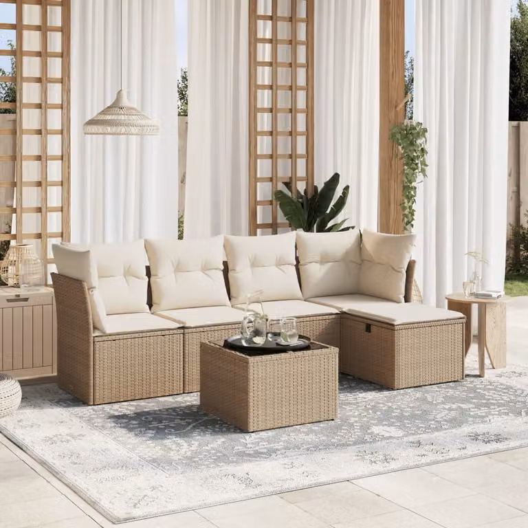 vidaXL Set Divano da Giardino 6 pz a Forma di L con Cuscini Beige e Tavolino in Vetro