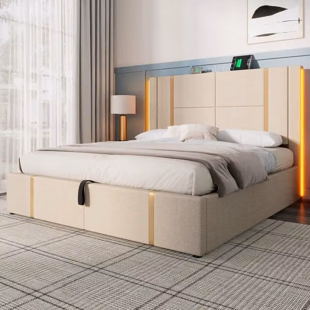 Letto Matrimoniale REDOM in Tessuto Beige con Illuminazione LED, Porte USB, Ripiano Laterale e Contenitore a Sollevamento L/P/H: 217 x 160 x 105 cm