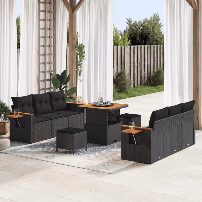 Set Divano da Giardino a L vidaXL in Polyrattan Nero con Cuscini e Tavolino da 9 Pezzi
