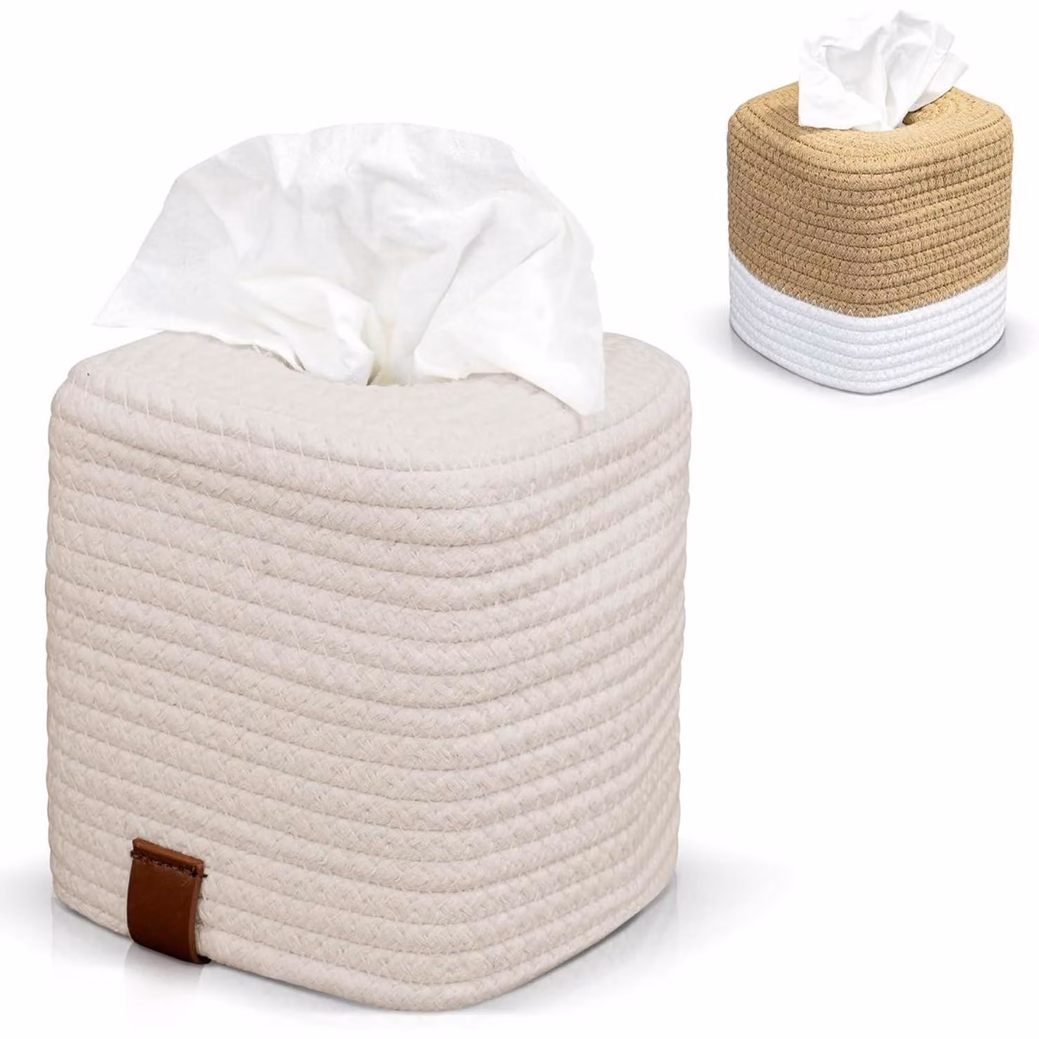 Contenitore quadrato per fazzoletti di cotone e poliestere, color crema, dimensioni 14x14x15 cm