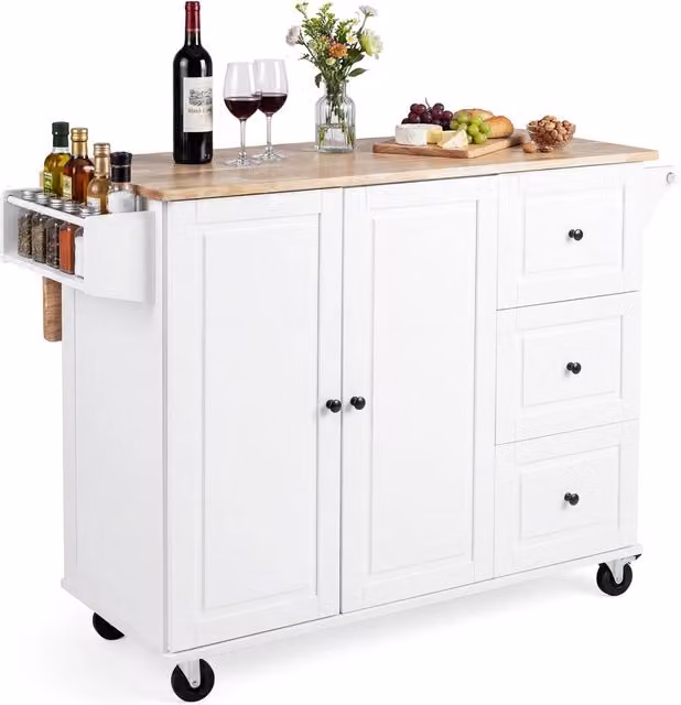 Carrello cucina isola con ripiano ribaltabile e ruote, Carrello 3 cassetti e armadietto porta spezie e portasciugamani Bianco