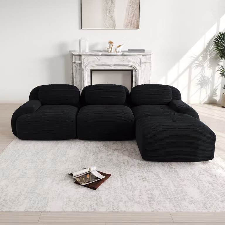 Divano angolare modulare Sweiko senza montaggio, ergonomico e adatto agli animali domestici, in tessuto a coste con braccioli extra larghi, rivestimento altamente elastico 32D per soggiorno e camera da letto, Nero
