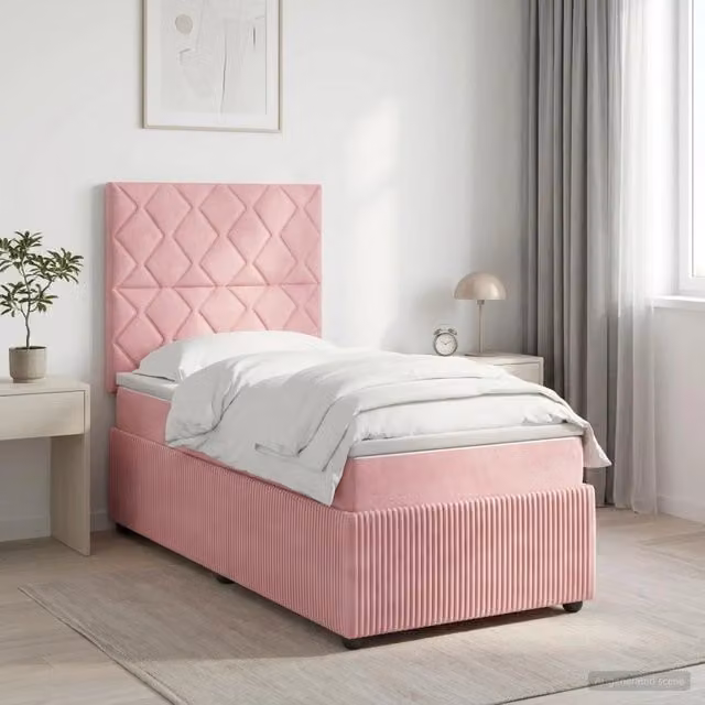 Letto Box Spring vidaXL in Velluto Rosa con Materasso Ibrido e Illuminazione LED, L/P: 90 x 190 cm – 1