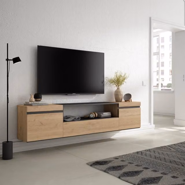 Mobile TV, 200x35x45cm, soggiorno, Per TV fino a 80", da appendere, colore Rovere e nero RF2150