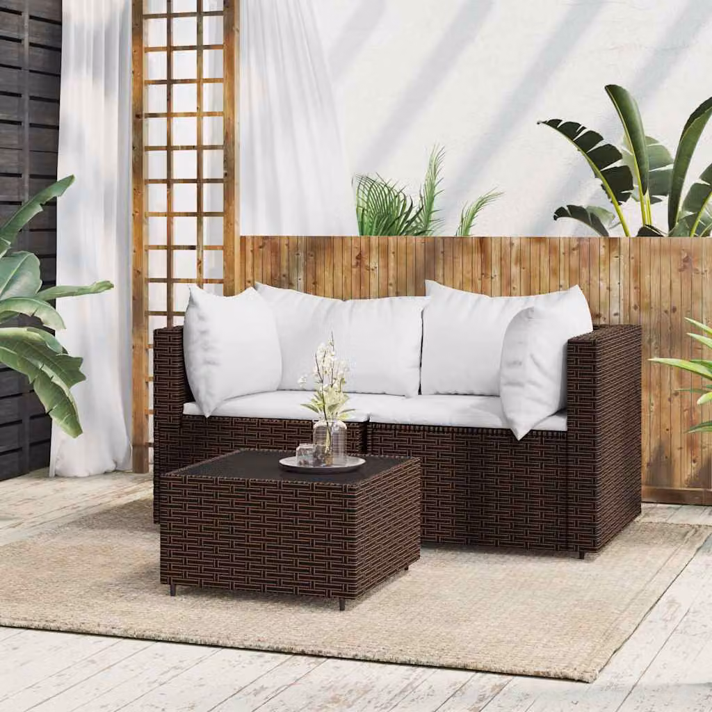 Set Mobili da Giardino vidaXL 3 pz in Polyrattan Marrone e Bianco con Cuscini e Tavolino da Esterno