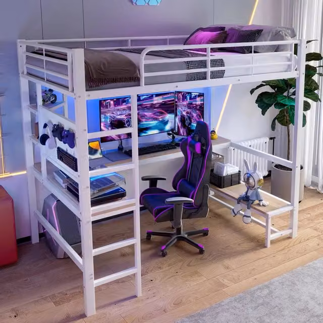 Letto a soppalco singolo 90 × 200 cm con scrivania, LED, prese USB e di tipo C, mensole, senza materasso, bianco