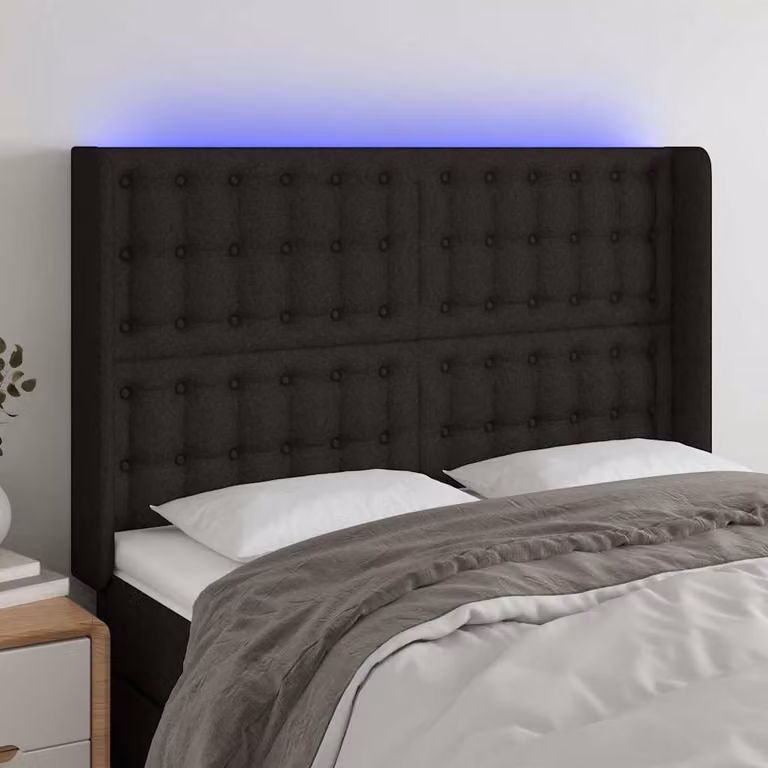Testiera per letto vidaXL in tessuto nero con illuminazione LED e porta di ricarica USB, L: 147 cm, P: 16 cm, H: 118-128 cm