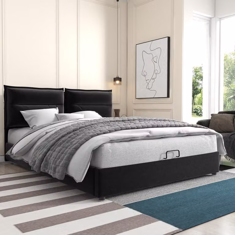 okwish Letto imbottito 140x200, letto matrimoniale idraulico, griglia metallica moderna, testata regolabile, ampio spazio di archiviazione, velluto, nero (materasso non incluso)