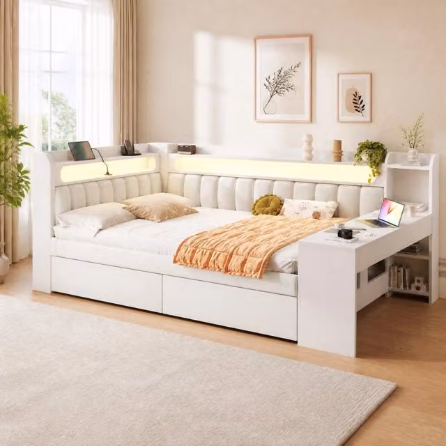 Daybed imbottito 140x200 cm con LED, porte USB, scrivania integrata e 2 cassetti, bianco
