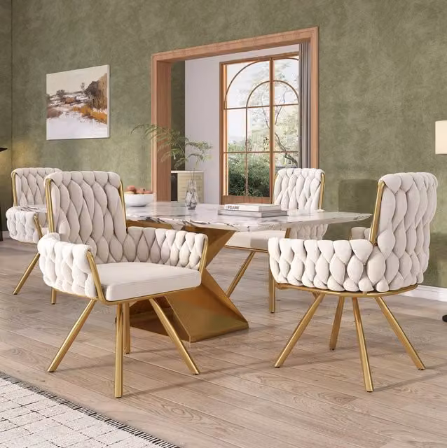 Set di 4 sedie da pranzo girevoli a 360° in velluto beige con braccioli