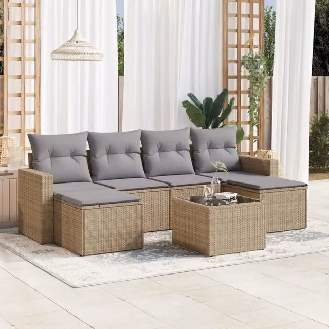 Set di divani da giardino VIDAXL in polyrattan beige con cuscini, design moderno a L per 7 persone